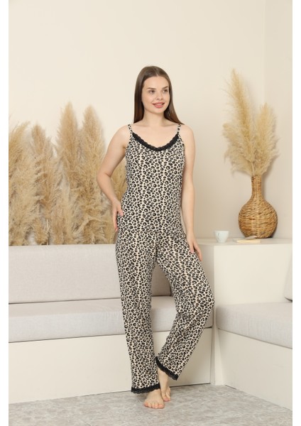 Leopar Desenli Askılı Pijama Takımı modelleri