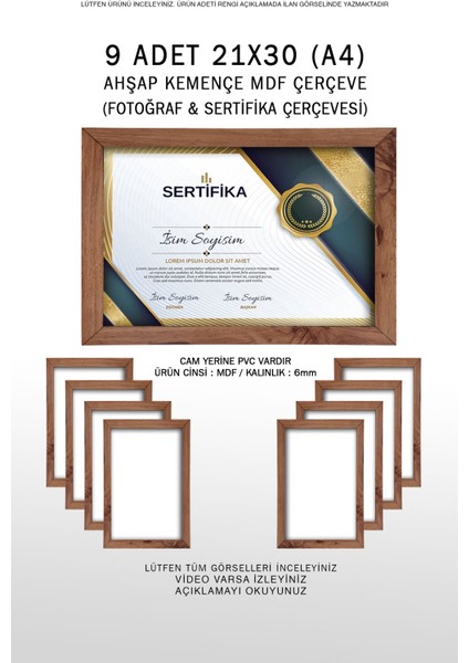 9 Adet 21 x 30 Çerçeve - A4 Çerçeve - Mdf Ahşap Çerçeve - Sertifika Çerçevesi - Diploma Çerçevesi