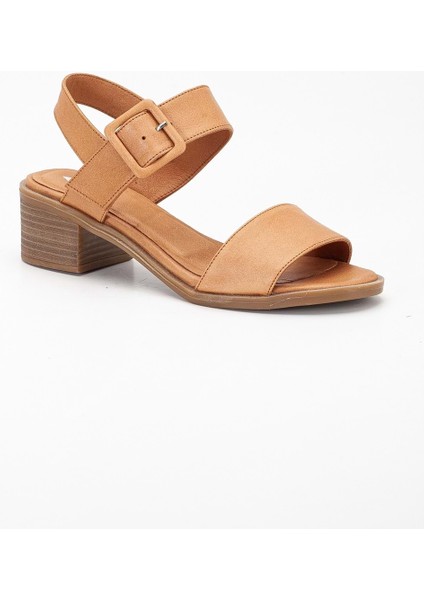 Kadın Deri Kalın Bantlı Tokalı Sandalet - Taba fırsatları