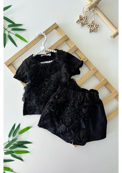 Tül Çiçek Detaylı Kız Çocuk Şort Etekli 2 li penye takım - Siyah