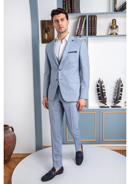 Erkek Slim Fit Sivri Yaka Mavi Yelekli Takım Elbise