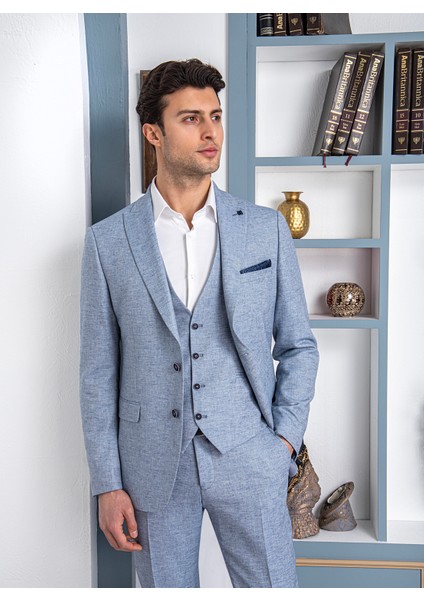 Erkek Slim Fit Sivri Yaka Mavi Yelekli Takım Elbise