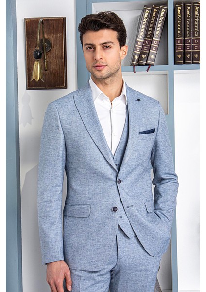 Erkek Slim Fit Sivri Yaka Mavi Yelekli Takım Elbise