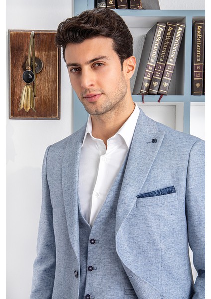 Erkek Slim Fit Sivri Yaka Mavi Yelekli Takım Elbise