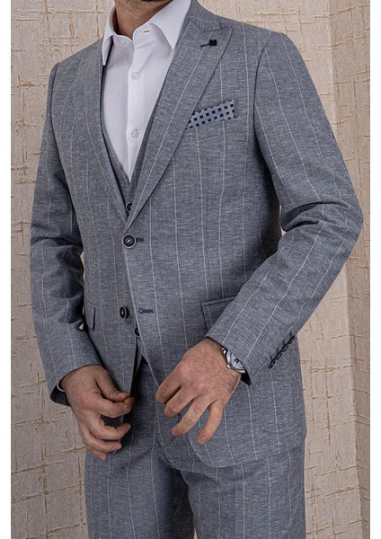 Erkek Slim Fit Sivri Yaka Lacivert Çizgili Yelekli Takım Elbise