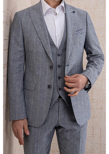 Erkek Slim Fit Sivri Yaka Lacivert Çizgili Yelekli Takım Elbise