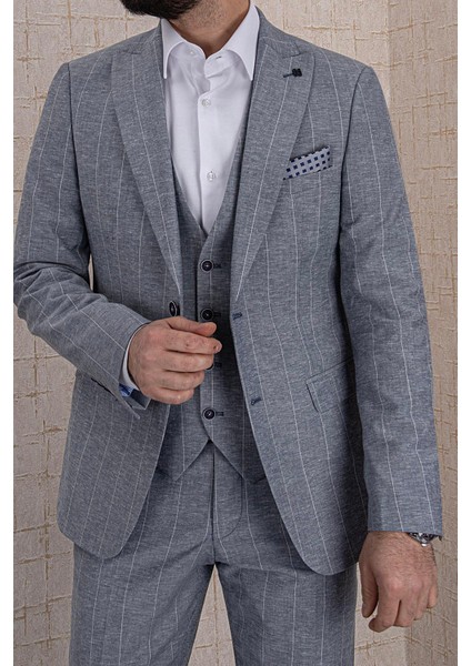 Erkek Slim Fit Sivri Yaka Lacivert Çizgili Yelekli Takım Elbise