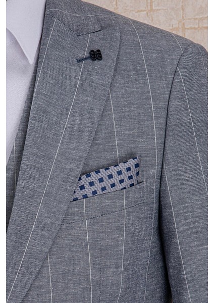Erkek Slim Fit Sivri Yaka Lacivert Çizgili Yelekli Takım Elbise