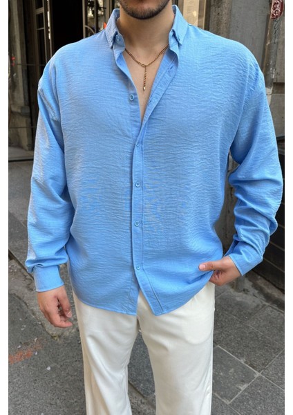 Napas Erkek Oversize Gömlek Günlük Kullanım İçin Desenli Mavi Polyester