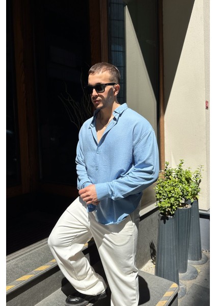 Napas Erkek Oversize Gömlek Günlük Kullanım İçin Desenli Mavi Polyester indirimleri