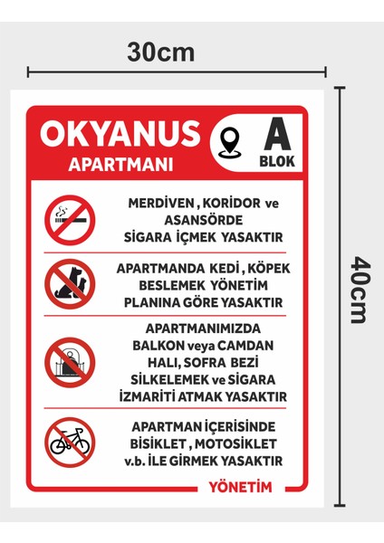 Apartman Kuralları (Özelleştirebilinir) Tabela Levha 30X40CM Pvc ( Polikarbon)