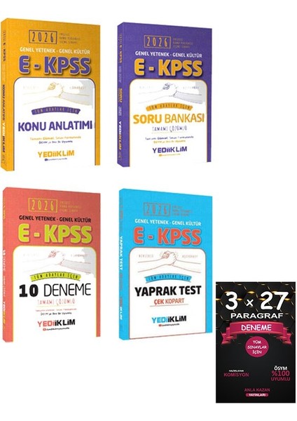 Yediiklim Yayınları 2026 E-Kpss Gk-Gy Tüm Dersler Konu-Soru-Deneme ve Yaprak Test Seti (4 Kitap