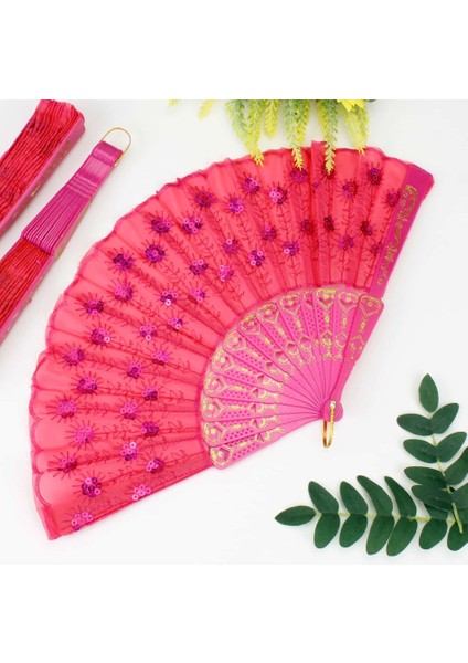 Plastik Pullu Kumaş Yelpaze 12 Li Fuşya