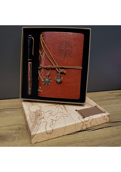 Deri Pusula Tasarımlı Defter ve Metal Kalem Seti