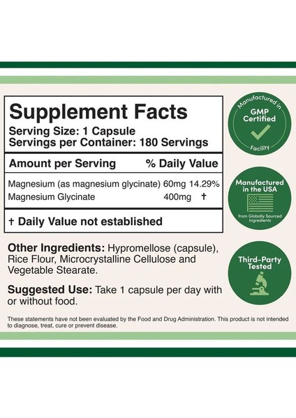 Magnesium Glycinate 400 mg 180 Kapsül