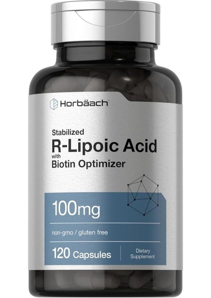 R-Lipoik Asit 100 mg 120 Kapsül Biyotin Iyileştiricili Gdo'suz, Glutensiz