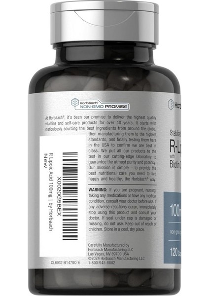 R-Lipoik Asit 100 mg 120 Kapsül Biyotin Iyileştiricili Gdo'suz, Glutensiz fiyatları