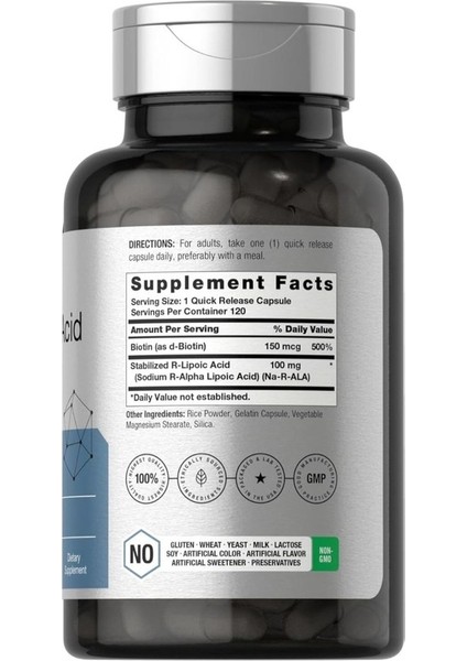 R-Lipoik Asit 100 mg 120 Kapsül Biyotin Iyileştiricili Gdo'suz, Glutensiz modelleri
