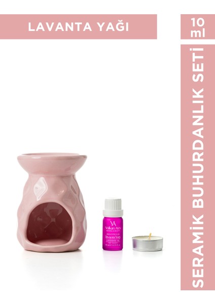 & Seramik Buhurdanlık Seti Pembe Renk + Lavandula Angustifolia Saf Lavanta Yağı 10 ml + Mum