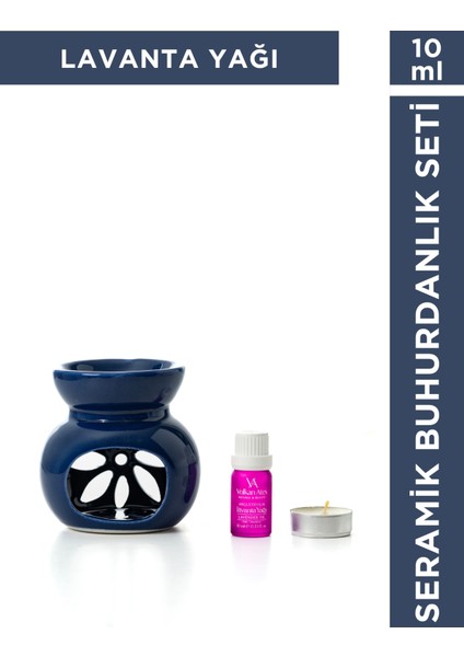 & Seramik Buhurdanlık Seti Lacivert Renk + Lavandula Angustifolia Saf Lavanta Yağı 10 ml + Mum