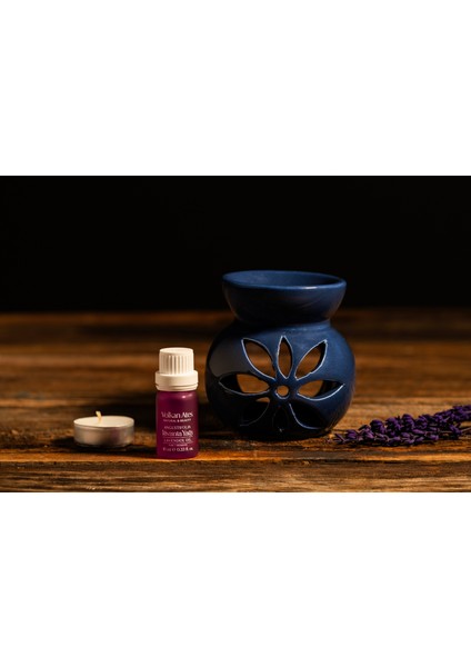 & Seramik Buhurdanlık Seti Lacivert Renk + Lavandula Angustifolia Saf Lavanta Yağı 10 ml + Mum indirimleri