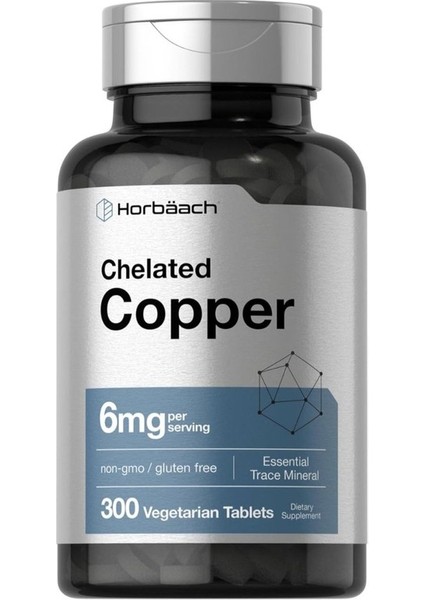 Chelated Copper 6mg | 300 Tablet | Temel Iz Mineral | Vejetaryen, Gdo\'suz, Glutensiz