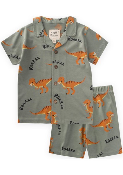 Dinazor Baskılı Pijama Takım 1-7 Yaş Yeşil