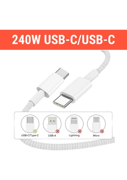 240W Destekli 2m Type-C(Usb-C)/type-C(Usb-C) Iphone Samsung Oppo ve x Uyumlu Hızlı Şarj Kablosu