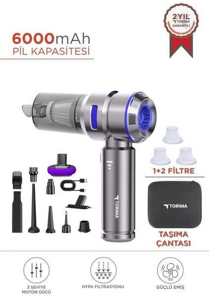 HL-121 Mavi 4ın1 Şarjlı Araç Mini El Süpürgesi