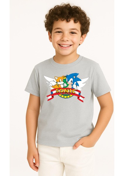 Sonic Baskılı Erkek Çocuk Tişörtü - Renkli Pamuklu Kısa Kollu Yazlık T-Shirt Basic Günlük
