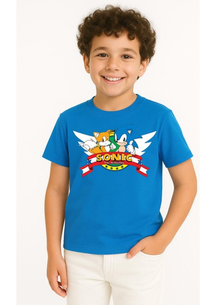 Sonic Baskılı Erkek Çocuk Tişörtü - Renkli Pamuklu Kısa Kollu Yazlık T-Shirt Basic Günlük