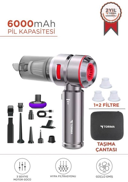 HL-121 Kırmızı 4ın1 Şarjlı Araç Mini El Süpürgesi