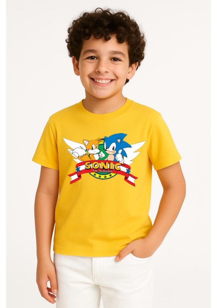 Sonic Baskılı Erkek Çocuk Tişörtü - Renkli Pamuklu Kısa Kollu Yazlık T-Shirt Basic Günlük