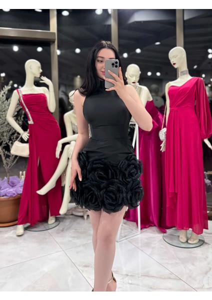 Amara Eteği Gül Detayli Mini Sırtı Dekolteli Abiye Elbise Siyah