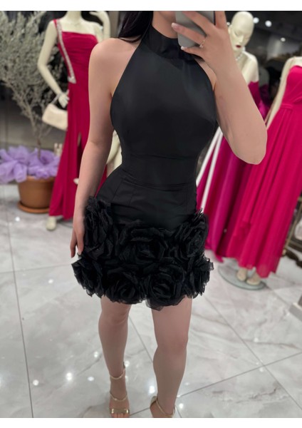 Amara Eteği Gül Detayli Mini Sırtı Dekolteli Abiye Elbise Siyah fiyatları