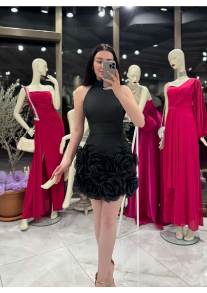 Amara Eteği Gül Detayli Mini Sırtı Dekolteli Abiye Elbise Siyah modelleri