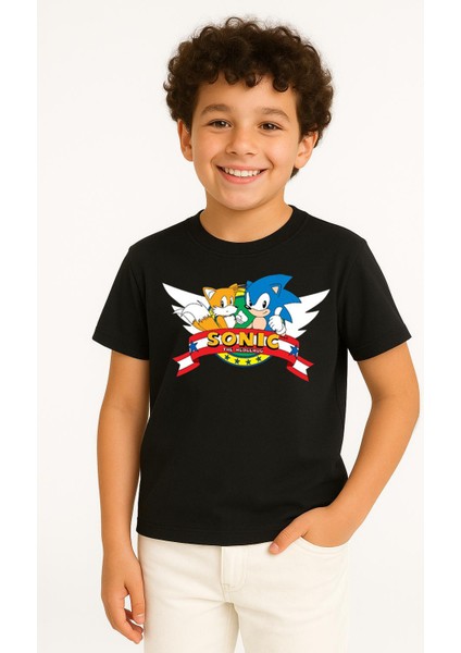Sonic Baskılı Erkek Çocuk Tişörtü - Renkli Pamuklu Kısa Kollu Yazlık T-Shirt Basic Günlük