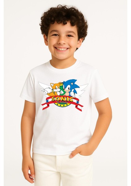 Sonic Baskılı Erkek Çocuk Tişörtü - Renkli Pamuklu Kısa Kollu Yazlık T-Shirt Basic Günlük