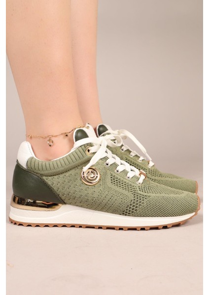 Choccy Hakiki Deri Garnili Triko Sneakers Yeşil