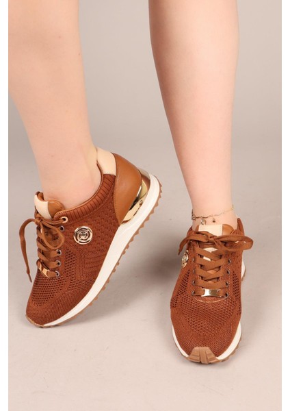 Choccy Hakiki Deri Garnili Triko Sneakers Taba
