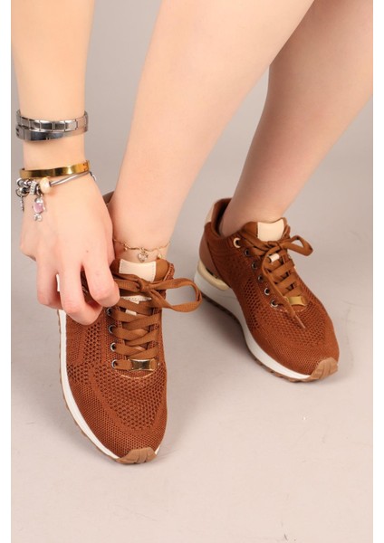 Choccy Hakiki Deri Garnili Triko Sneakers Taba