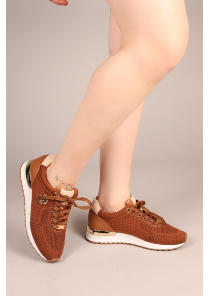 Choccy Hakiki Deri Garnili Triko Sneakers Taba