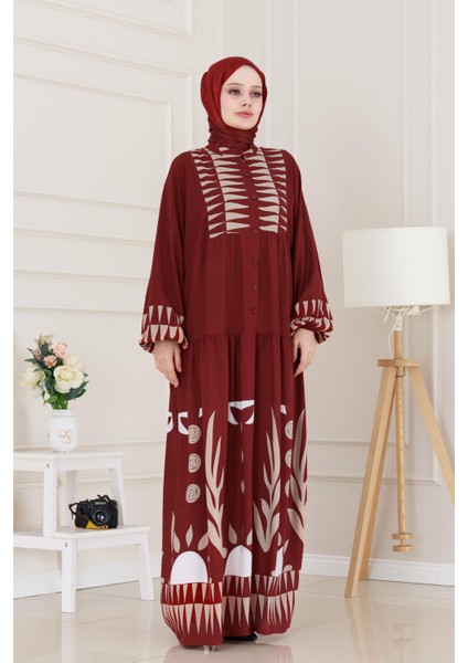 Yarım Düğmeli Robalı Hülya Elbise-Bordo