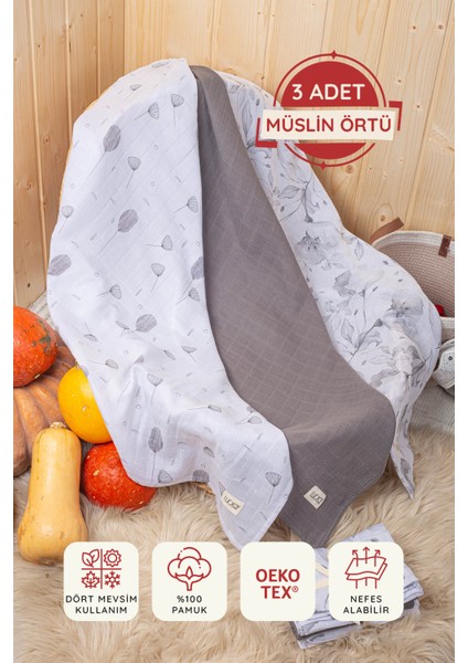 Dijital Baskılı 3'lü Müslin Örtü Seti - 75X75 cm - ZT5000