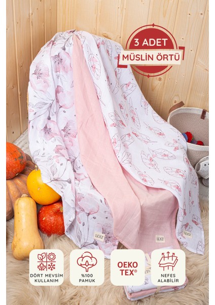 Dijital Baskılı 3'lü Müslin Örtü Seti - 75x75 cm - ZT5000