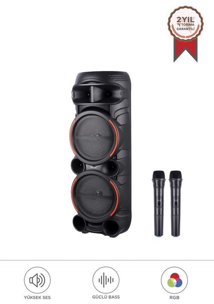 KTS-2058 Siyah Çift Mikrofonlu Rgb Ledli Taşınabilir Bluetooth Hoparlör Parti Speaker