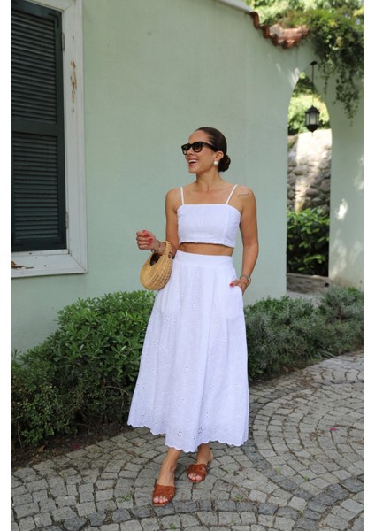 Beyaz Fisto Crop Etek Takım