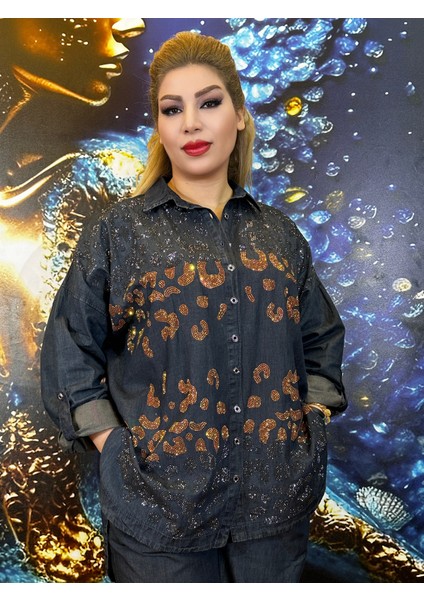 Takım Gömlek ve Pantolon Yüksek Kaliteli Denim Kumaş Cepli Taşli Işlemeli Lacivert Likralı Beli fırsatları