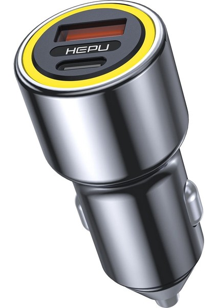 Hepu HP-782 Araç Içi Şarj Cihazı 3.1A Pd 48 Watt Fast Hızlı Şarj Aleti Metal Çakmaklık Şarj Type C 2-Port Işıklı