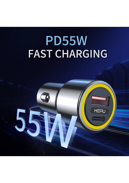 Hepu HP-782 Araç Içi Şarj Cihazı 3.1A Pd 48 Watt Fast Hızlı Şarj Aleti Metal Çakmaklık Şarj Type C 2-Port Işıklı